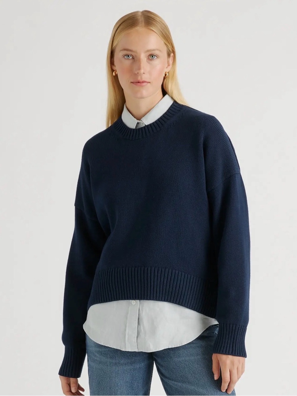 Quince 100% Organic Cotton Boyfriend Crew Sweater Navy Size Large